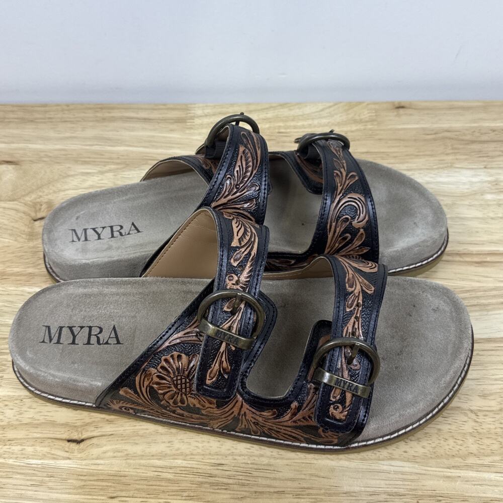 Myra Women's Tooled Tan & black western/Floral Embossed Leather Sandals Sz 11